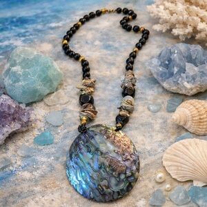Vintage Abalone Shell Statement Necklace 24” Black Bead Boho Ocean